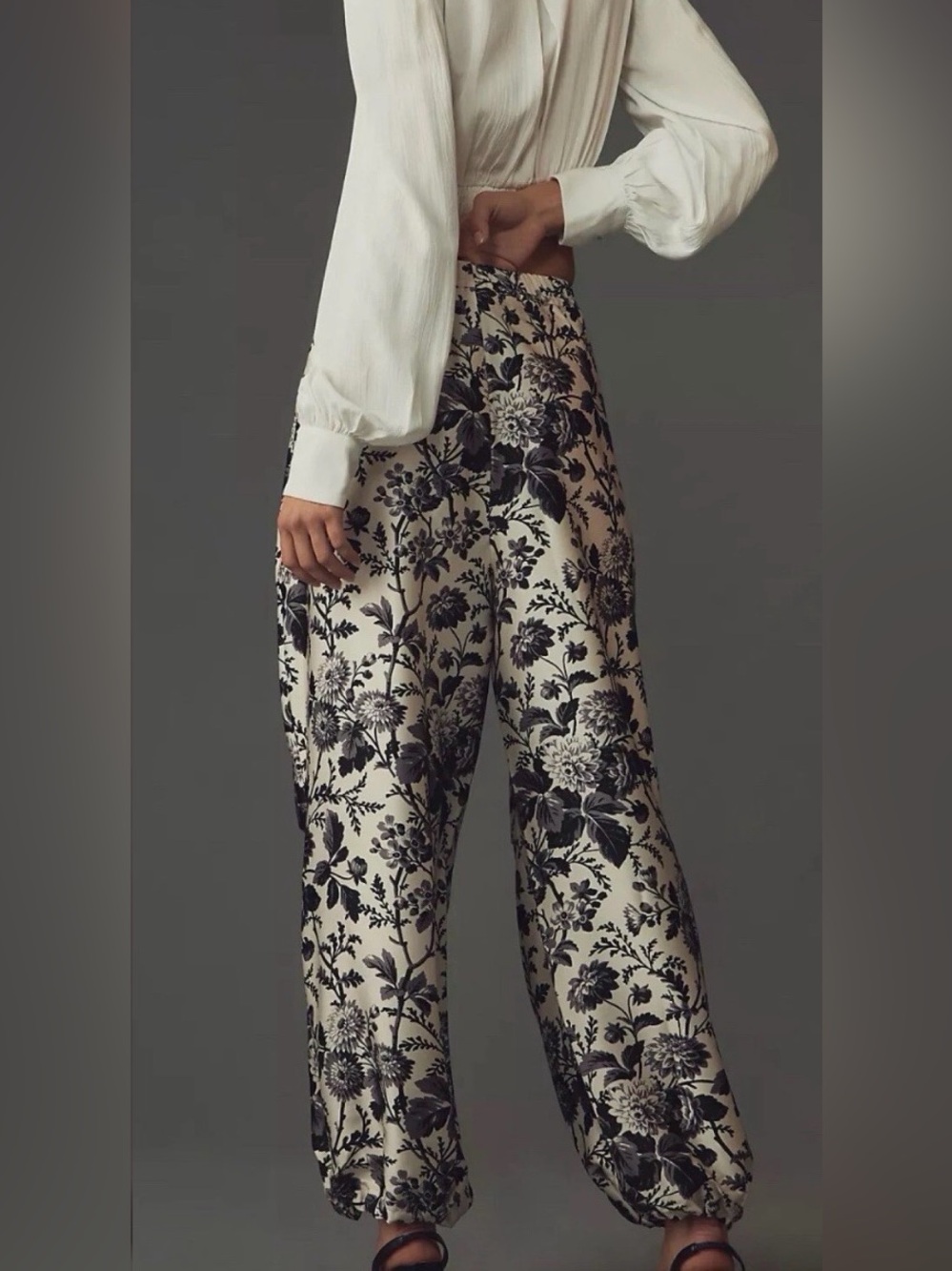 Maeve by Anthropologie Floral Silky Parachute Pants Black White Size M - Picture 2 of 12